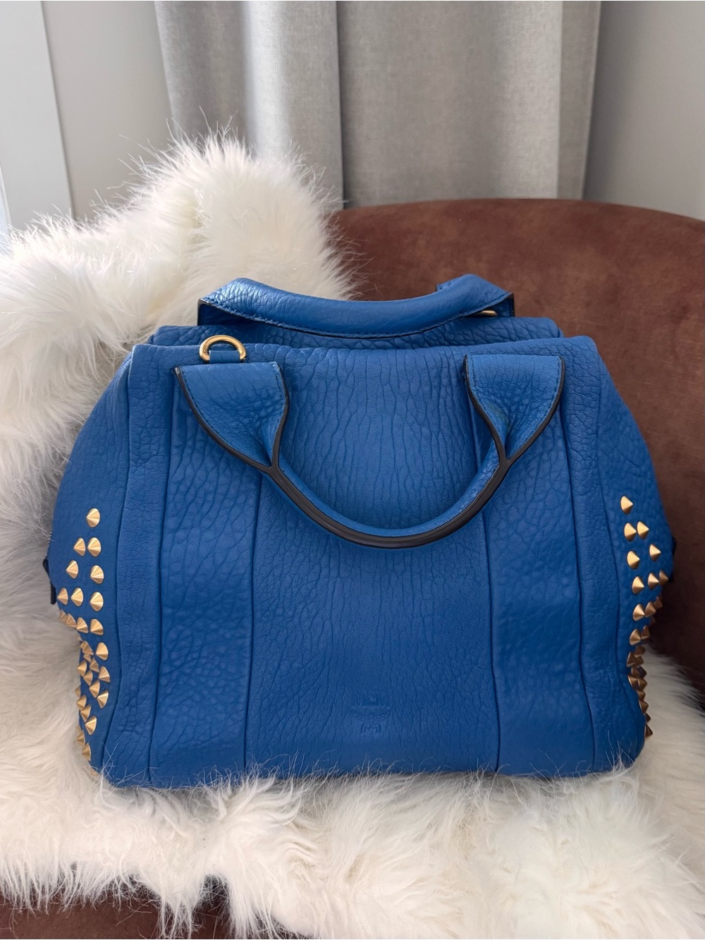 MCM Cobalt Blue Leather Gold Studded Satchel Handbag